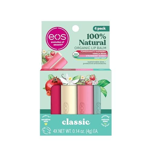 eos 100% Natural & Organic Lip Balm Sticks- Strawberry Sorbet, Vanilla Bean, Sweet Mint & Pomegranate Raspberry, Lip Care Products, 0.14 oz, 4-Pack