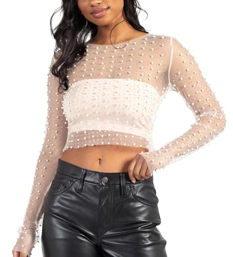 Cioatin Women Rhinestone Pearl Sheer Mesh Long Sleeve Sparkle Tops Y2K Sequin Beaded Crop Top Glitter See Through Shirt White