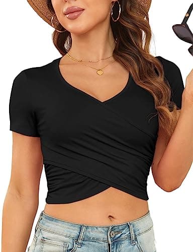 DSPSAM Plus Size Black Crop Tops Front Cross Wrap Short Sleeve Sexy Tops for Women (Black,X-Large)