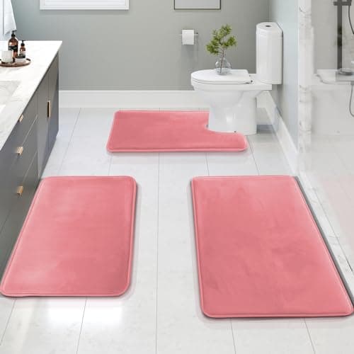 Clara Clark 3 Piece Bathroom Rugs Bath Mat Set, Velvet Memory Foam Bath Mats for Bathroom - Non-Slip, PVC Backing Bath Rugs, Washable - Dries Quickly, Pink