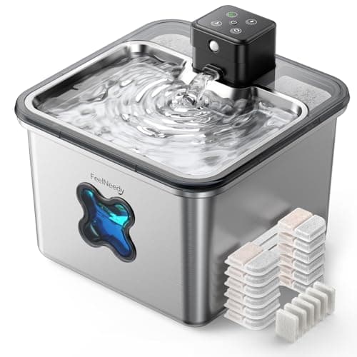 Cat Water Fountain Wireless + 6 Filters: [Visual Filter] & [Heavy-Duty Stainless Steel] FEELNEEDY- Premium, 3.2L/108oz, 4000mAh Battery Operated Pet Fountain with Sensor, for Cats and Dogs