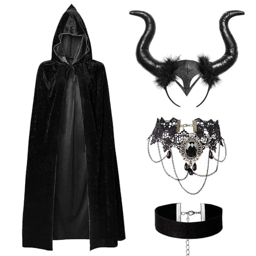 MOVINPE Meleficent Costume Evil Queen Costume for Women, Long Horns Hooded Cloak Gothic Necklace Black Choker Halloween Costume Accessories Halloween Cosplay Party Dress Up