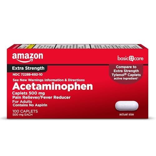Amazon Basic Care Extra Strength Pain Relief, Acetaminophen Caplets, 500 mg, Pain Reliever/Fever Reducer, 100 Count (Packaging may vary)