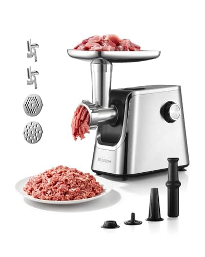 BRISDOOM Meat Grinder Electric 3000W Max with High-Efficiency Copper Motor, Auto-Reverse & Hidden Storage - 3-in-1 Sausage Stuffer & Kubbe Maker Making for Home Use, Stainless Steel
