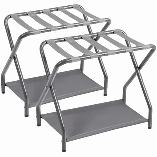 AMHANCIBLE Luggage Rack, Set of 2, Foldable Suitcase Stands for Guest Room, Metal Luggage Holder with Storage Shelf for Bedroom, Hotel, Easy Assemble, HLR02GY