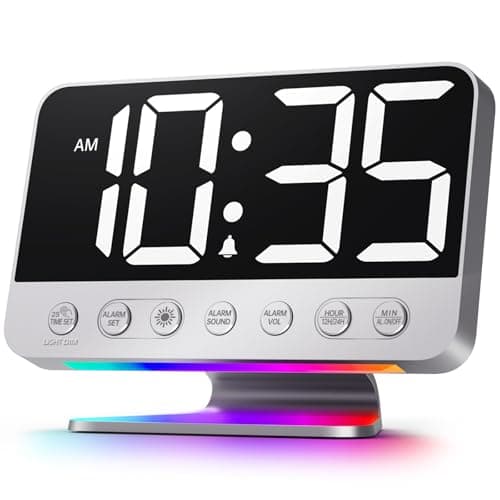 Odokee Digital Alarm Clocks for Bedrooms: Large Bold Number 5 Brightness Dimmer - Easy to Read Across The Room - 5 Alarm Sound 8 Night Light - Silver