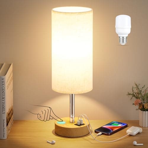 Touch Bedside Table Lamp with USB - 3 Way Dimmable Wood Lamp for Bedroom Nightstand, Desk Lamp with Charging Station for Dorm, Living Room, Office, Kids Room, Nursery, Small