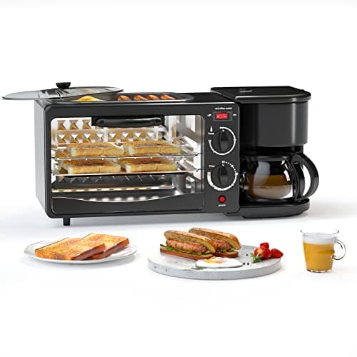 Breakfast Station, Toaster with Frying Pan, Portable Oven Breakfast Maker with Coffee Machine, Non Stick Die Cast Grill/Griddle for Bread Egg Sandwich Bacon Sausages (Black D)