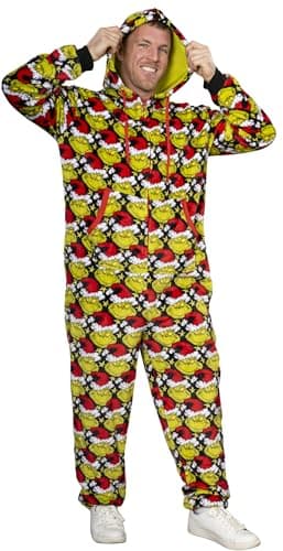 Grinch with Santa Hat Face All Over Pajamas Jumpsuit - Christmas Union Suit with Hood and Pockets for Men and Women (Large) Multicolor
