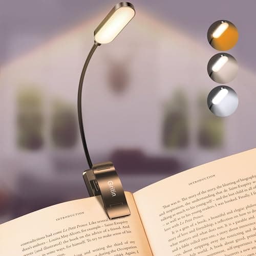 Gritin 16 LED Rechargeable Book Light for Reading in Bed- Eye Caring 3 Color Temperatures, Stepless Dimming Brightness, 80 Hrs Runtime, Lightweight Flexible Clip on Light for Book Lovers