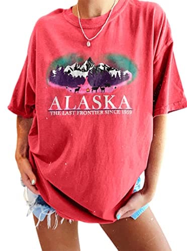 CSDAJIO Women's Graphic Oversized Tshirt Vintage Half Sleeve Round Neck Baggy Tee Summer Casual Tunic Shirt OwAlaska Raspberry X-Large