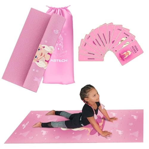 Abtech Yoga Mat for Kids - Pinkie the Doll design for Girls- Chemical Free - Non-Toxic - Non-Slip - 60 X 24 X 0.2 Inches - w/ 12 Yoga Cards - Cute Carrier Bag - Ages 3-12 (Pinkie the Doll)