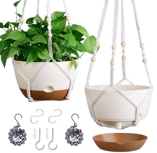 Set of 2-10 Inch Hanging Planters for Indoor Plants with Self-Watering Includes Hanging Pots for Plants, Outdoor Hanging Plant Pot with Drainage, and 2 Types of Hanging Baskets Hangers (White, 10inch)