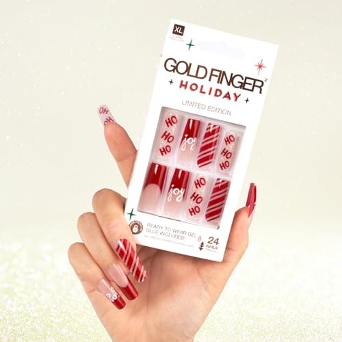 Gold Finger 24 Pcs Holiday French Tip Square Coffin Oval Press On Nails - Christmas Glitter Winter Seasonal Snowflake X-mas Glue On Nails (SANTA'S HO HO)