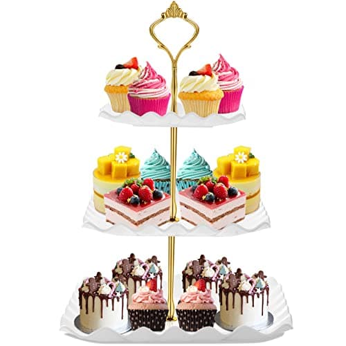 DAFURIET Dessert Cupcake Stand, 3 Tier Cup Cake Holder Tower for Tea Party/Birthday/Wedding, Plastic Tiered Serving Tray with Metal Rod, White