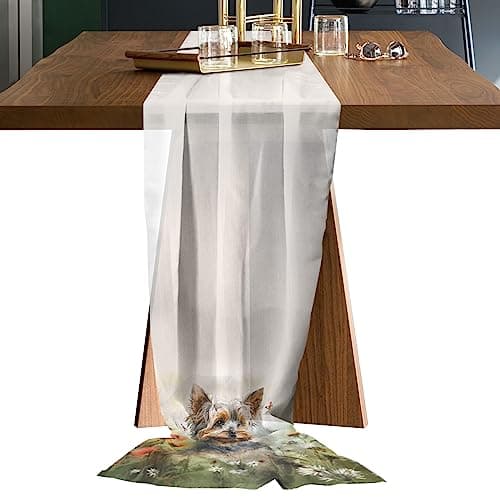 Chiffon Table Runner, Sheer Table Runners Romantic Wedding Tableclothes, Flowers Pet Dog and Butterfly Watercolor Table Cloth for Party Table Centerpieces Decorations 27x120 inch