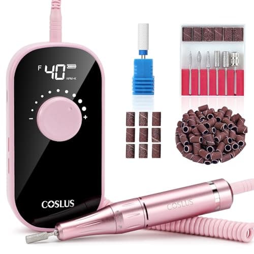 COSLUS Professional Rechargeable Electric Nail Drill 40000 RPM, Portable Nail File with Storage Stand for Acrylic Gel Polishing Removing - Easy to Use for Women, Manicure at Home DIY or Salon, Pink
