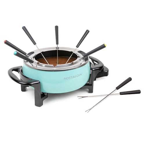 Nostalgia 12-Cup Electric Fondue Pot Set for Cheese & Chocolate - 8 Color-Coded Forks, Temperature Control - Stainless Steel Kitchen Gadgets and Appliances for Hors d'Oeuvres and More - Aqua