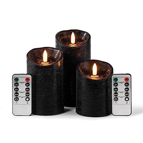 Pandaing Pack of 3 Black Regular Textured LED Flameless Flickering Battery Operated Candles with Remote and Timer, Real Wax Pillar Candles for Festival Wedding Halloween Christmas Home Party Decor