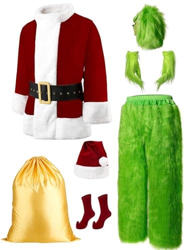 dgdgcool Halloween Costumes Adult, 8pcs Furry Santa Claus Costume for Men Christmas Funny Cosplay Santa Costume with Mask