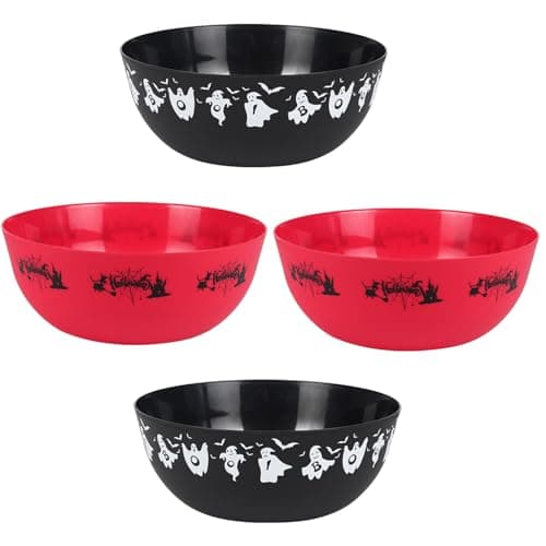 AUECOOME 4 Pieces halloween bowls for candy large - Plastic Trick or Treat Bowls, Reusable Serving plastic bowl for Halloween Party Supplies (Black Red)