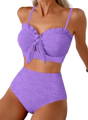 Herseas Women's Seashell Textured Bikini Sets Knotted Front Ruffle Swimsuits Full Coverage High Waisted Flattering Bathing Suits Teen Girls Purple Resort Essentials Medium