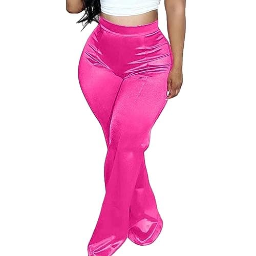 XZLUFNY Satin Cargo Pants for Women Sweet Elastic High Waistline Concise Color Long Enough Fashion Concert Trousers Pink M