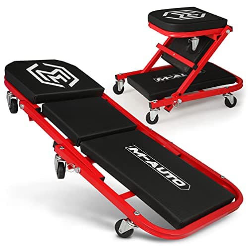 M-AUTO Foldable Z Creeper 2-in-1 Rolling Folding Car Creeper & Seat, 36" Adjustable Roller Garage Chair Lay Down or Sit, 330LBS Capacity Under Car Roller Creeper with 6 Swivel Casters, Red