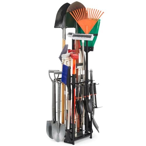 Garden Tool Organizer Holds 50 Long-Handled Tools/Rakes/Brooms/Shovles for Garage Organization and Storage, Shed, Outdoor, Lawn, Heavy-Duty Steel, Black, Easy Assembly