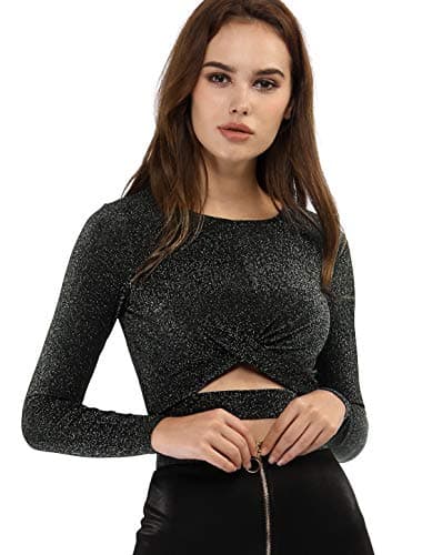 Allegra K Women's Glitter Top Twist Long Sleeve Cut Out Halloween Party Cropped Sparkly Tops Large Black