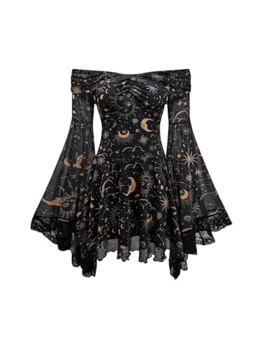 WDIRARA Women's Gothic Print Ruffle Off The Shoulder Dress Long Bell Sleeve Mesh Short Dresses Black X-Large