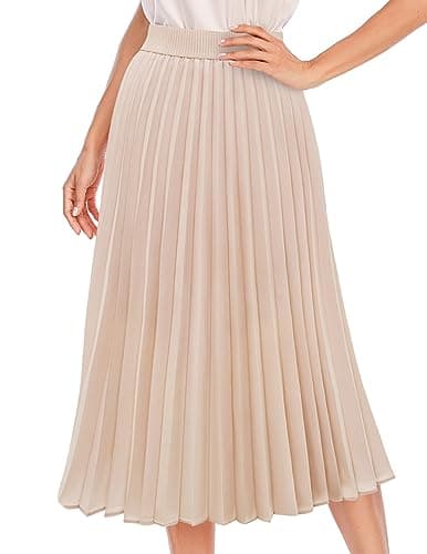 DRESSTELLS Pleated Midi Long Skirts for Women, Aline High Waisted Summer Flowy Chiffon Boho Swing Skirt 2025 Office Work Champagne L