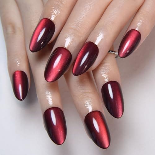 Dark Wine Red Cat Eye Short Press on Nails Almond, Short Almond Glue Stick on Nails Press ons with Nail Glue, Metallic Glitter Acrylic Fake Nail, Reusable Soft Gel Press on Nail, Salon Quality