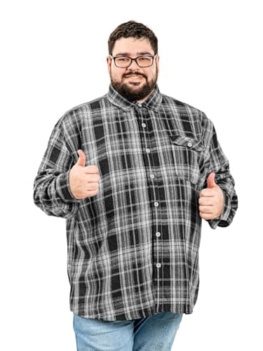 BRISIRA Big and Tall Mens Heavy Flannel Shirt 2XL-6XL Plaid Button Down Long Sleeve Soft Casual Daily Shirts Black White