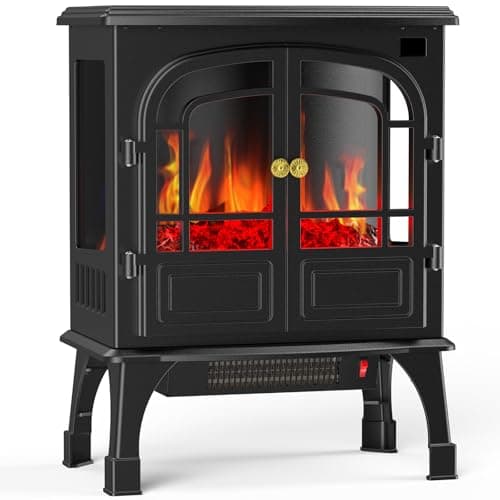 Sweetcrispy Freestanding Electric Fireplace Heater, 26”Two Door Fireplace with 3D Flame Effect, Overheating Safe Design, Energy Saving Space Heater with 12H Timer&Remote for Living Room, Bedroom,Black