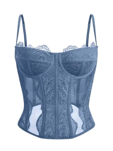 Dealmore Corset Tops For Women Going Out Lace Mesh Date Night Fall Fashion Outfits Clothes Crop Cute Party Strap Tank Blue Small