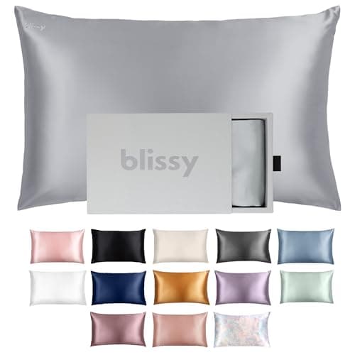 Blissy Silk Pillowcase - 100% Pure Mulberry Silk - 22 Momme 6A High-Grade Fibers - Silk Pillow Cover for Hair & Skin - Regular, Queen & King with Hidden Zipper (Standard, Silver)