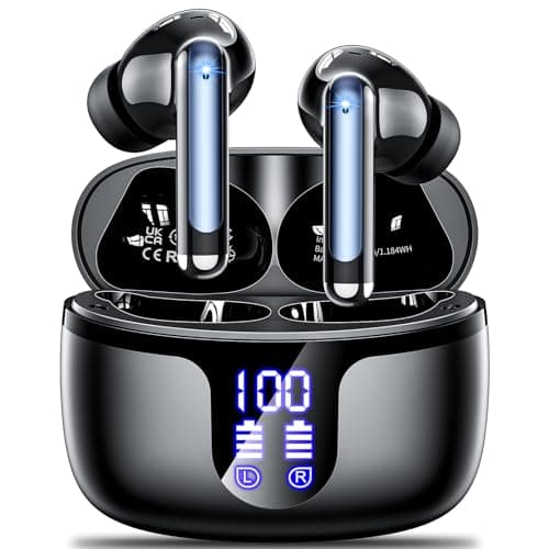 S48 wireless earbuds bluetooth 5.4 Headphones 42h Duration Playback for running/fitness/office use. Equipped with 4 noise cancelling microphones, IPX7 waterproof and LED battery display screen Black