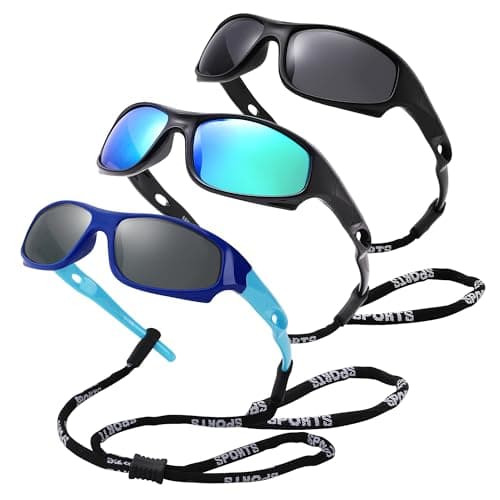 Pro Acme TR90 Unbreakable Polarized Sports Sunglasses for toddle kids Boys and Girls Children Youth Sunglasses With Strap for Age 3-12 (Blue/Sky Blue + Black/Green Mirrored+Matte Black)