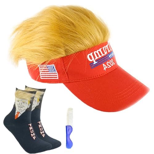 Trump 2024 Hat - Trump Hat with Hair and Funny Trump Unisex Socks Combo, Wig Cap Embroidery Adjustable, Perfect Trump Merchandise Gift-Great for Election Day and Independence Day Red