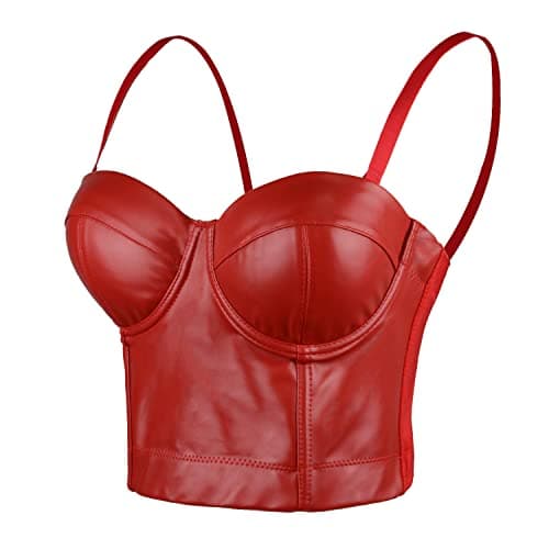 ELLACCI Faux Leather Bustier Crop Top Gothic Push Up Women's Corset Top Bra Red X-Large