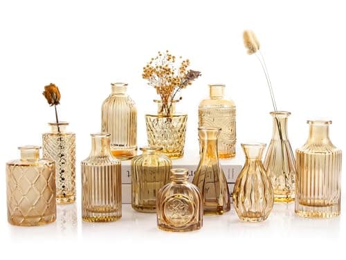 TBWIND Gold Amber Glass Bud Vases Set of 12, Small Vases for Flowers, Champagne Mini Vintage Vases for Centerpieces,Bud Vase in Bulk for Wedding Decor,Single Flowers,Office and Home Table Flower Décor