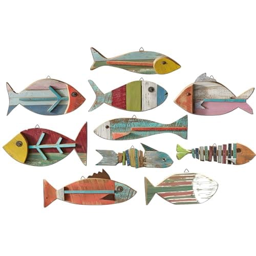 Yuntau 10 Pcs Wooden Fish Wall Decor Wood School of Fish Coastal Wall Decor Beach Wall Art for Home Nautical Theme Bathroom Hanging Decorations Gifts, Flat Printing Not 3D Pattern