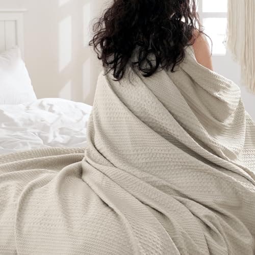 David's Home 100% Natural Cotton Cozy Waffle Weave Blanket Queen Size, Lightweight Breathable Blanket for Summer, Durable Skin-Friendly Elegant Aesthetic Room Decor for Couch Bed, Natural