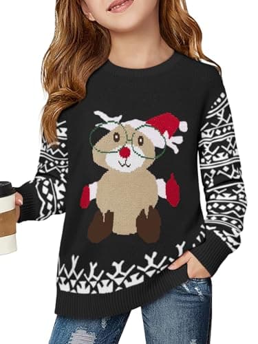 Haloumoning Girls Christmas Sweater Kids Long Sleeve Chunky Knit Sweaters Pullover Jumper Tops 5-14 Years Black