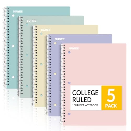 SUNEE Spiral Notebooks, 1-Subject, 5 Pack, College Ruled Paper, 8" x 10-1/2", 70 Sheets per Notebook,3-Hole Punched Paper, Pink,Purple, Blue, Green, Yellow Spiral Lined Notebooks for School,Work