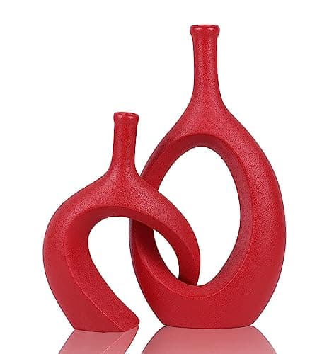 WUBIANJIE Red Ceramic Vase Set - Modern Boho Decor, Snuggle Design, Vases for Living Room, Bedroom, Coffee Table, Fireplace