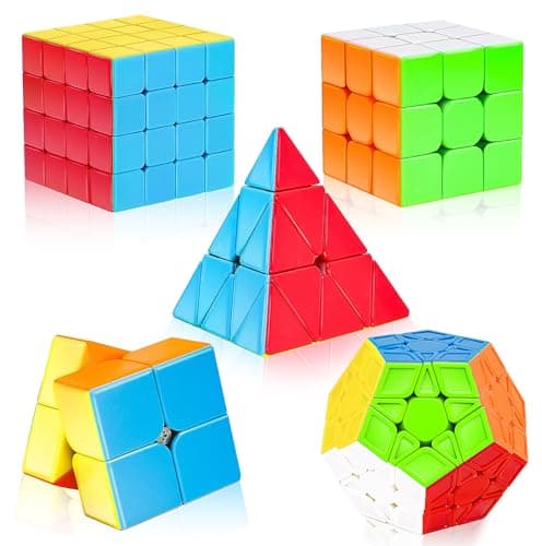 AuntyFey Speed Cube Set, 5 Pack Speed Magic Cube with Speed Cube 3x3, 2x2, 4x4, Pyramid Megaminx Stickerless Cube for Kids Toddlers Adults, Puzzle Cube Set for Kid
