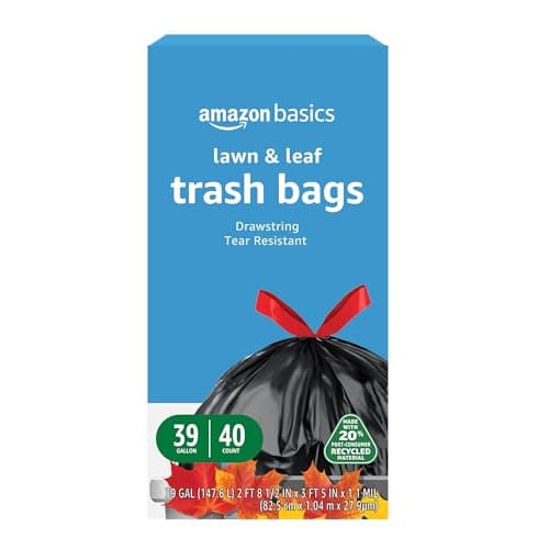 Amazon Basics 39 Gallon Lawn & Leaf Heavy Duty Drawstring Trash Bags, 20% Post Consumer Recycled, 40 Count