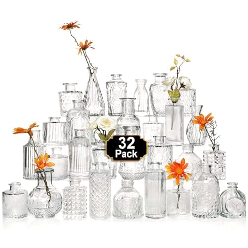 Arme Glass Bud Vase Set of 32 Pcs，Small Glass Vases for Flowers，Clear Bud Vases in Bulk，Vintage Vases for Centerpieces，Small Glass Bud Vase for Rustic Wedding Decorations，Home Table Flower Décor